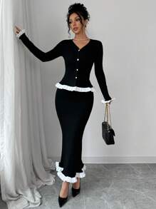 Chiquease 2pcs/Set Women's Long White Lace Patchwork Knitted Outfit - Black and White - View 6
