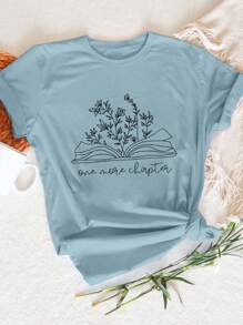 INAWLY Áo phông đọc sách thú vị theo chủ đề sách, áo thun thường ngày cổ tròn tay ngắn cho nữ mùa hè, áo phông họa tiết cho nữ - Màu xanh bụi bặm - Xem 1