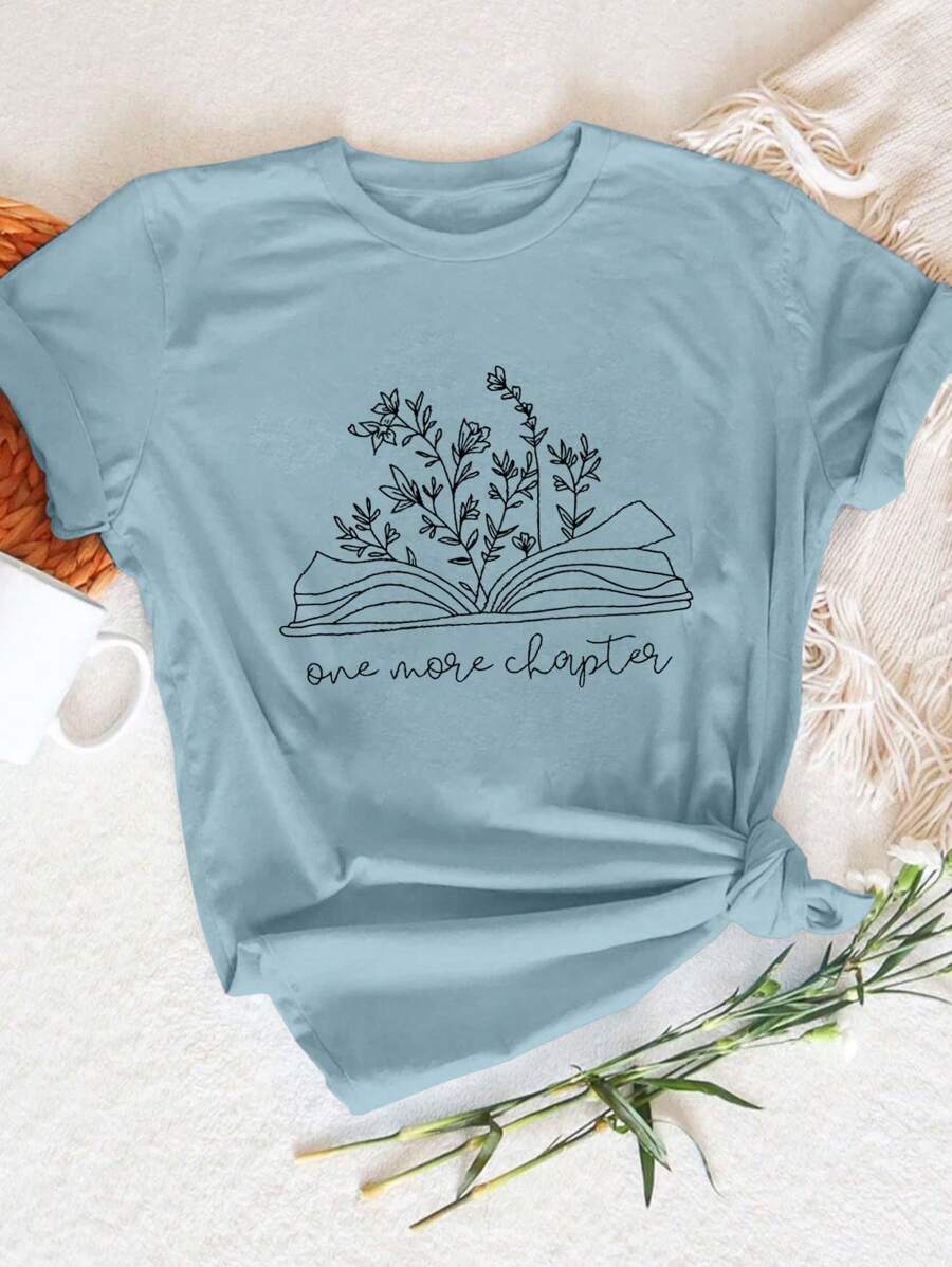 INAWLY Áo phông đọc sách thú vị theo chủ đề sách, áo thun thường ngày cổ tròn tay ngắn cho nữ mùa hè, áo phông họa tiết cho nữ - Màu xanh bụi bặm - Xem 1
