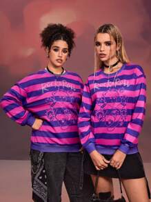 SHEIN X Care Bears Designer Women's Street Style Loose Long Sleeve Drop-Shoulder Stripe Pattern Rhinestone Printed Sweatshirt Casual Daily Wear Fall Top, Holiday, Thanksgiving, Winter, Spring, Going Out, Festival