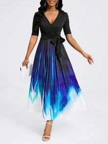 Plus Size Women's Elegant Tie-Knot Ombre Short Sleeve Dress, Autumn - Blue - View 6