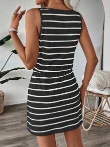 Easowa Spring & Autumn Women Casual Stripe Print U-Neck Sleeveless Drawstring Waist Fashion Vacation Dress,Vacation Outfits Woman,Summer Dresses For Women