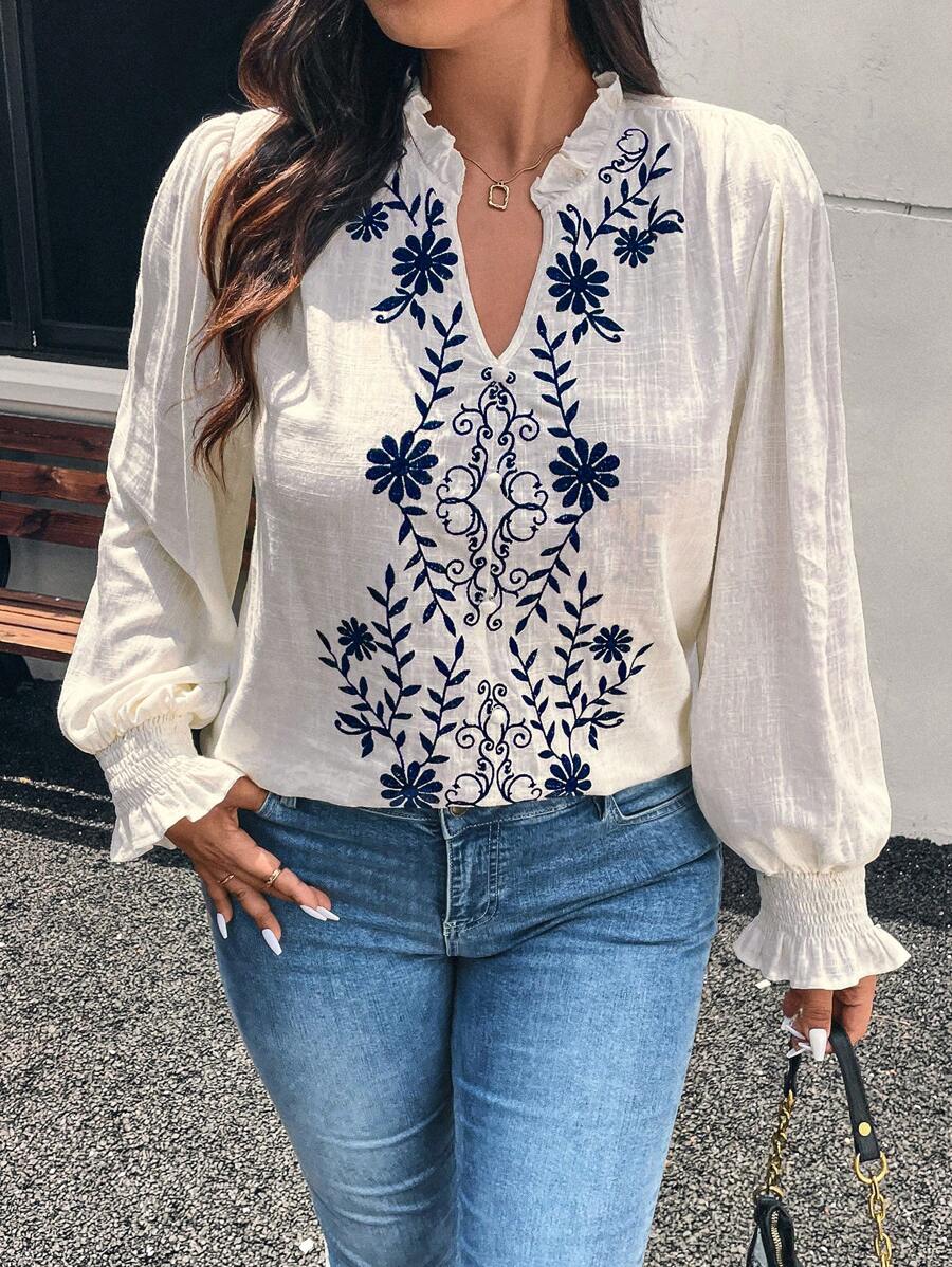 SHEIN Frenchy Plus Size White Embroidered V-Neck Blouse