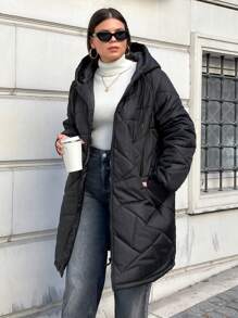 EURMUSE 大码绗缝女式夹克，带兜帽、口袋，适合冬季 - 黑色 - 查看 6