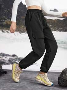 In My Nature Women's Solid Color Elastic Waist Cargo Hiking Pants - Black - View 8