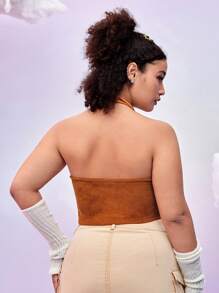 SHEIN X Care Bears Áo hở vai thêu tai gấu 3D dễ thương cỡ lớn cho nữ, Halloween mùa thu - màu nâu - Xem 2