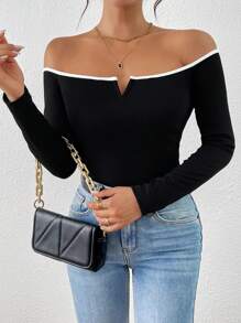 SHEIN Privé Áo thun dài tay hở vai họa tiết tương phản thường ngày mùa xuân/thu dành cho nữ - Đen và trắng - Xem 3