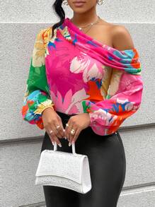 SOLERSUN Floral Print Asymmetrical Neck Lantern Sleeve Blouse One Shoulder Top - Hot Pink - View 5