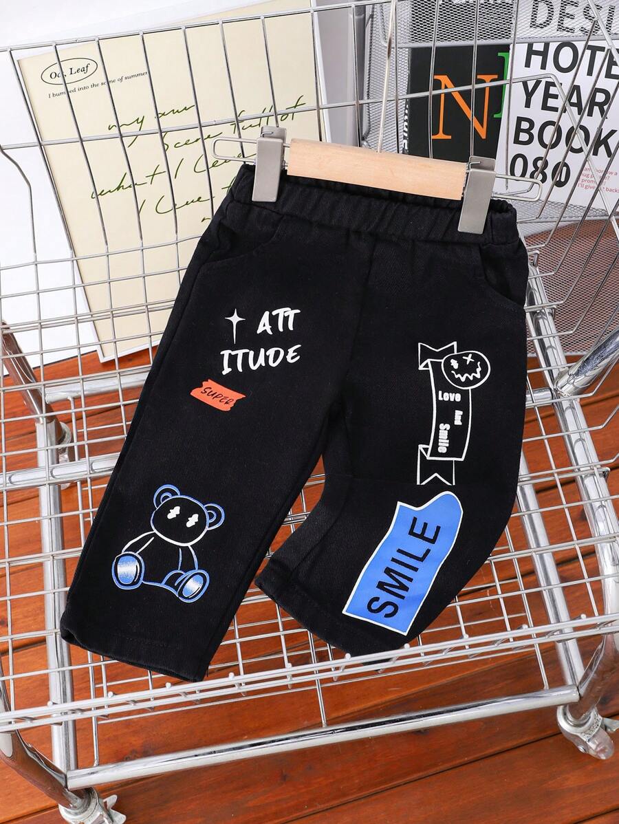 1 bucată băieți casual stil drăguț negru litere de desene animate și imprimeu păpuși pantaloni drepti spălați, toamnă-iarnă nou sosire