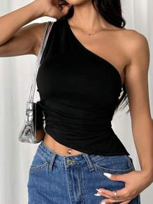 SHEIN EZwear Women's Solid Color Asymmetrical Shoulder Sleeveless Hollow-Out Casual Top With Back Tie