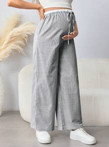 SHEIN 孕妇休闲通勤松紧腰蝴蝶结抽绳直腿宽松裤 - 黑與白 - 查看 3