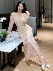 Vestido de encaje con cuello en V y envolvente para mujer, vestido de fiesta de cumpleaños, con volantes, vestido largo de manga larga elegante para mujer - Blanco - Ver 6