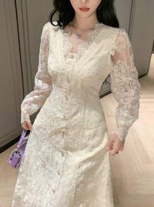 DAZY 女士优雅婚礼宾客蕾丝 V 领连衣裙，春季、秋季服装长袖连衣裙 - 米色 - 查看 9