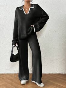 Joy针织女士休闲落肩宽松V领撞色包边毛衣和宽松阔腿针织裤套装（黑色） - 黑色 - 查看 3