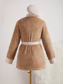 SHEIN Tween Girls Colorblock Double Breasted Long Fluffy Casual Jacket, Winter