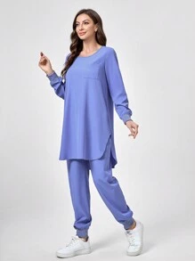 TaskEZ 纯色圆领长袖上衣和裤子制服套装 - 淺藍色 - 查看 8