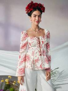 KATHARSIS Frida Kahlo X SHEIN X Designer 商务休闲波西米亚风方领花卉印花系带上衣，节日、感恩节、度假、春夏、外出、节日、办公室 - 紅白色 - 查看 6