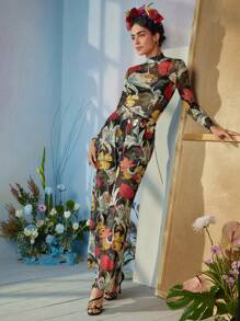 ISELACOS Frida Kahlo X SHEIN X Designer Quần ống rộng cạp cao in họa tiết hoa Boho Bohemian, ngày lễ, lễ tạ ơn, lễ hội - Nhiều màu - Xem 4