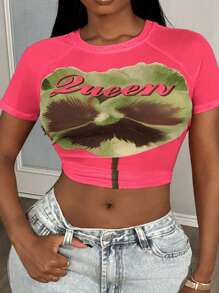 Slaydiva Streetwear décontracté et sexy, t-shirt à col rond à impression florale tout-aller rose rouge, blouse transparente à imprimé maillé pour femmes