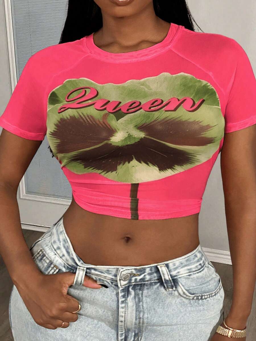 Slaydiva Streetwear décontracté et sexy, t-shirt à col rond à impression florale tout-aller rose rouge, blouse transparente à imprimé maillé pour femmes