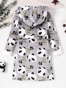 Tween Girl Cute Panda Print Double-Sided Fleece Patchwork Cozy Warm Hooded Long Robe Loungewear - Multicolor - View 2