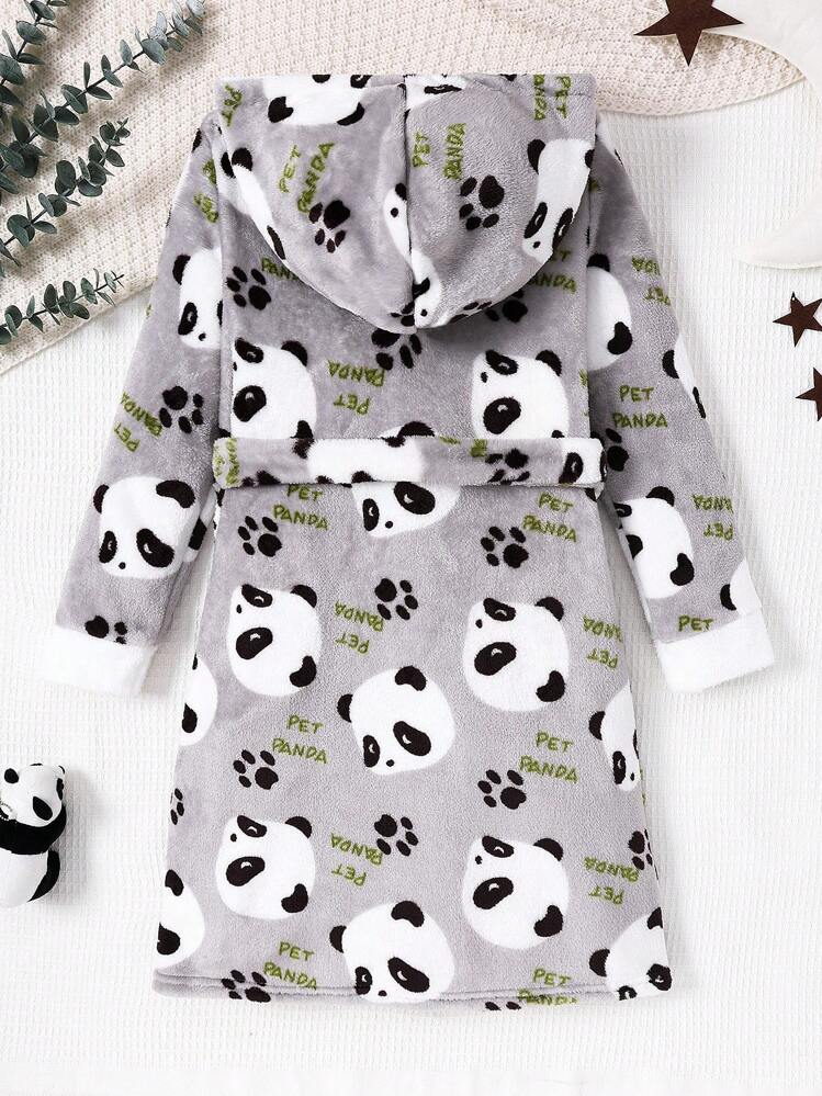 Tween Girl Cute Panda Print Double-Sided Fleece Patchwork Cozy Warm Hooded  Long Robe Loungewear | SHEIN Singapore