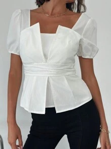 SHEIN Privé Blusa de manga abultada con cintura ceñida, diseño elegante y versátil, adecuada para ir al trabajo, citas y uso casual