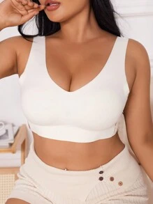 SHEIN Plus Size White Knitted Comfy Bralette With Medium Stretch For Everyday Wear - White - View 5