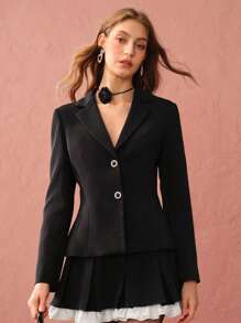 Enchnt Autumn Romantic Women's Black Sparkling Diamond Buttons Long Sleeve Princess Blazer Jacket - Black - View 3