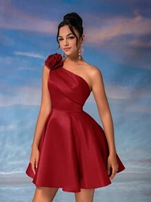 Lovelzi Elegant Luxurious 3D Floral Asymmetrical Neck Ruffle Prom Mini Homecoming Dress, Semi Formal Dress, For Birthday, Wedding Guest, Graduation Party Dress