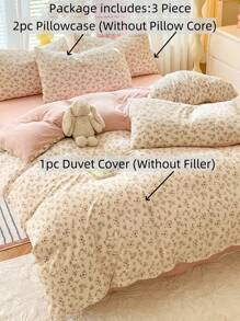 3 件套花卉床上用品：1 个羽绒被套，2 个枕套，无填充物，柔软水洗面料，适合所有季节 - 藕粉色 - 查看 2