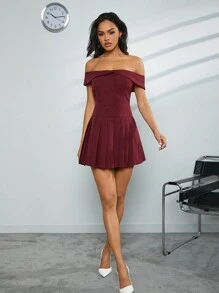 Hauture Off Shoulder Double Buttons Pleated Dress - Burgundy - View 8
