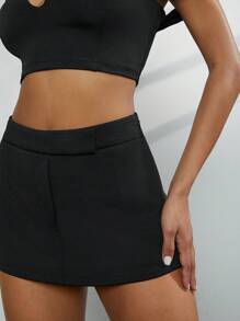 Hauture Women Shoulder Solid Top And Mini Skirt Two-Piece Outfits - Black - View 6