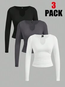 SHEIN EZwear 3 piezas Camiseta de manga larga de punto ajustada con cuello en V, cintura entallada y volantes, apropiada para principios de otoño, para mujer