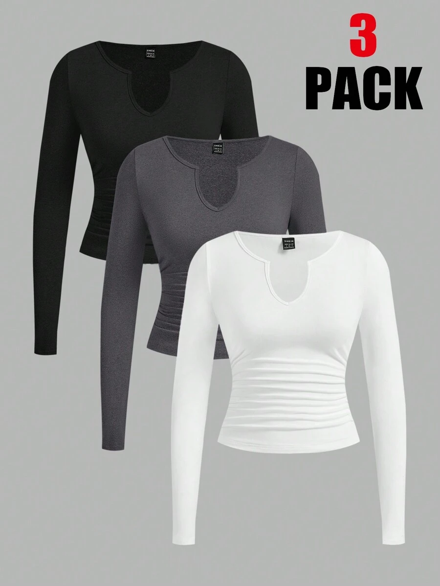 SHEIN EZwear 3 piezas Camiseta de manga larga de punto ajustada con cuello en V, cintura entallada y volantes, apropiada para principios de otoño, para mujer