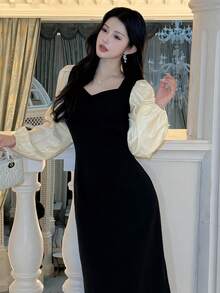 DAZY 女士拼色长袖休闲长裙、生日舞会礼服 - 黑色 - 查看 5