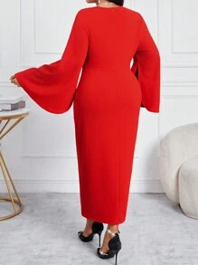 SHEIN Lady Spring And Summer Autumn And Winter Christmas Party Dress Elegant Knitted Off The Shoulder Mermaid Layered Sleeve Maxi Long Sleeve Plus Size Dresses - Red - View 2
