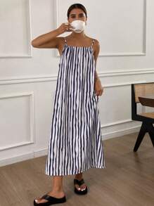 DAZY 女士细肩带露背条纹休闲舒适时尚连衣裙 - 藏蓝色 - 查看 4