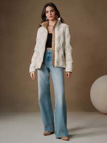 Anewsta Women Short Beige Stand Collar Long Sleeve Embroidered Sequin Jacket