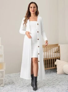SHEIN 2pcs Maternity Outfit Set - Long Sleeve Buttoned Knit Cardigan And Body-Con Midi Dress, Fall/Winter - White - View 4