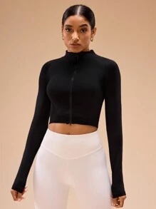 SHEIN Sports 女士纯色拉链领长袖合身无缝运动夹克 - 黑色 - 查看 3