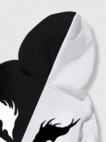 ROMWE MEN Grunge Punk Men's Casual Letter Graphic Colorblock Hoodie, School - Black - View 6