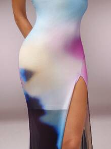 SHEIN Unity Vestido ajustado con abertura frontal, tirantes cruzados y espalda descubierta con estampado degradado para mujer, vestido de graduación - Multicolor - Ver 6