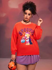 SHEIN X Care Bears 大码女式万圣节卡通熊和字母图案落肩毛衣 - 橘色 - 查看 5