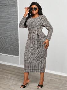 Maweii 大码女式千鸟格纹系腰带连衣裙 女式超长套装 - 咖啡棕 - 查看 3