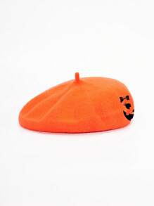 SHEIN 1pc Halloween Bow Knot Embroidered, Long Lash & Smiling Face Beret, Unisex - Orange - View 2