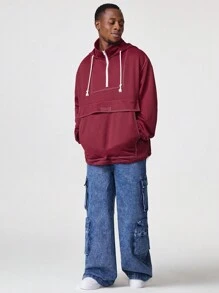 Manfinity VCAY Men's Loose Fit Long Sleeve Hooded Sweatshirt, For Fall Winter - Burgundy - View 4