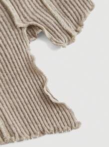 SHEIN MOD 女士圆领长袖T恤，磨毛罗纹针织修身休闲T恤 - 卡其色 - 查看 4