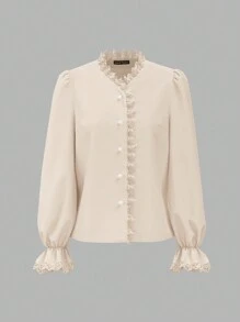 Vintamour Vintage Elegant Women's Shirt With Lace Patchwork, V-Neck, Long Flare Sleeves, Ruffle Hem And Exquisite Pearl Button, Perfect For Work Back To School Clothes Fall Clothes Women Blouses Fall Tops Fall Outfits Teacher Clothes Winter Women Vintage Clothes White Long Sleeve Shirt Button Down Shirt Long Sleeve Top Renaissance Old Money Work Clothes Christmas Clothes Winter Tops Work Women Blouses Homecoming Birthday Women Outfits Cottage Core Fall Clothes Long Sleeve Blouse
