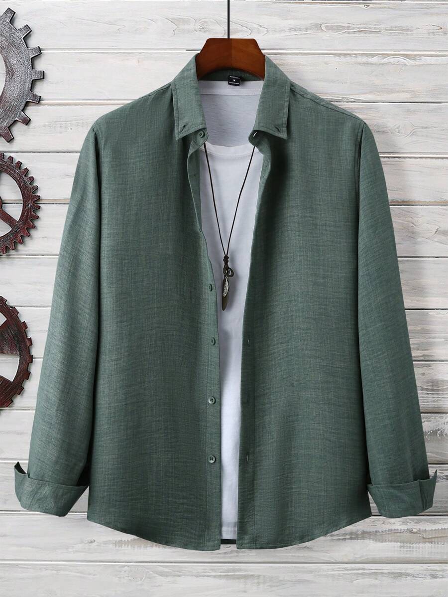 Manfinity Homme Men's Casual Long Sleeve Shirt, Spring And Autumn - Olive Green - View 1